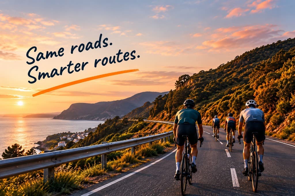 Four cyclists riding a coastal road at sunset