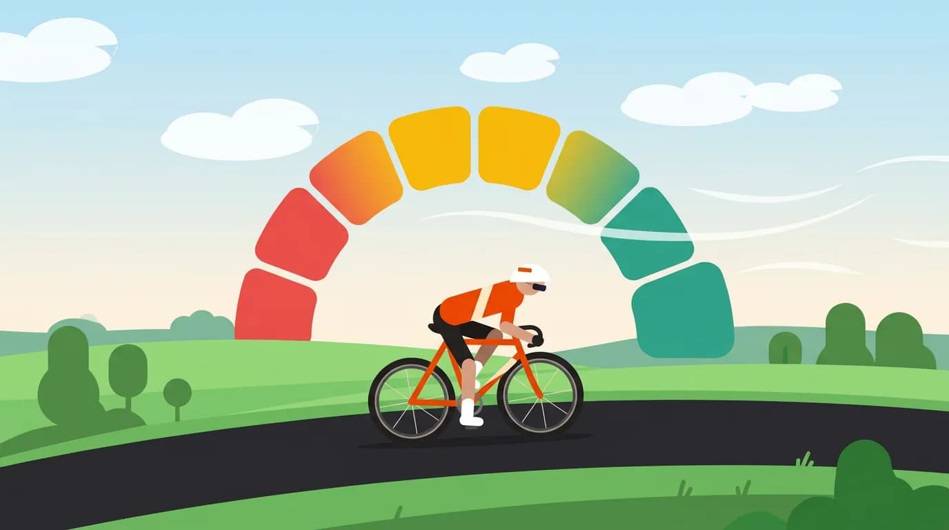 Illustration of a cyclist riding beneath a colour-coded Tailwind Score gauge