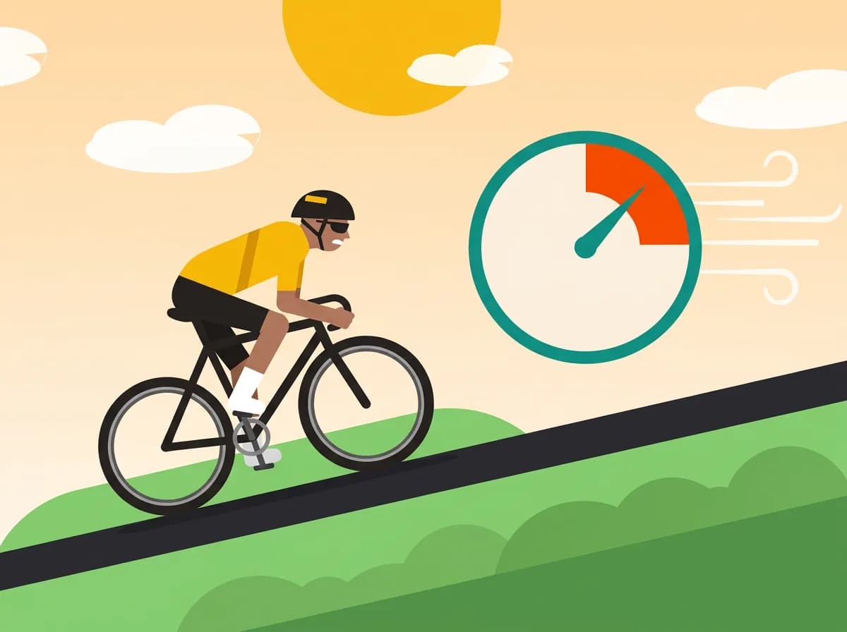 A cyclist climbing a hill beside a power gauge in the red