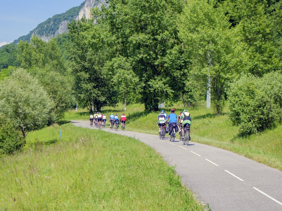 A group of cyclists riding together on a scenic paved path
