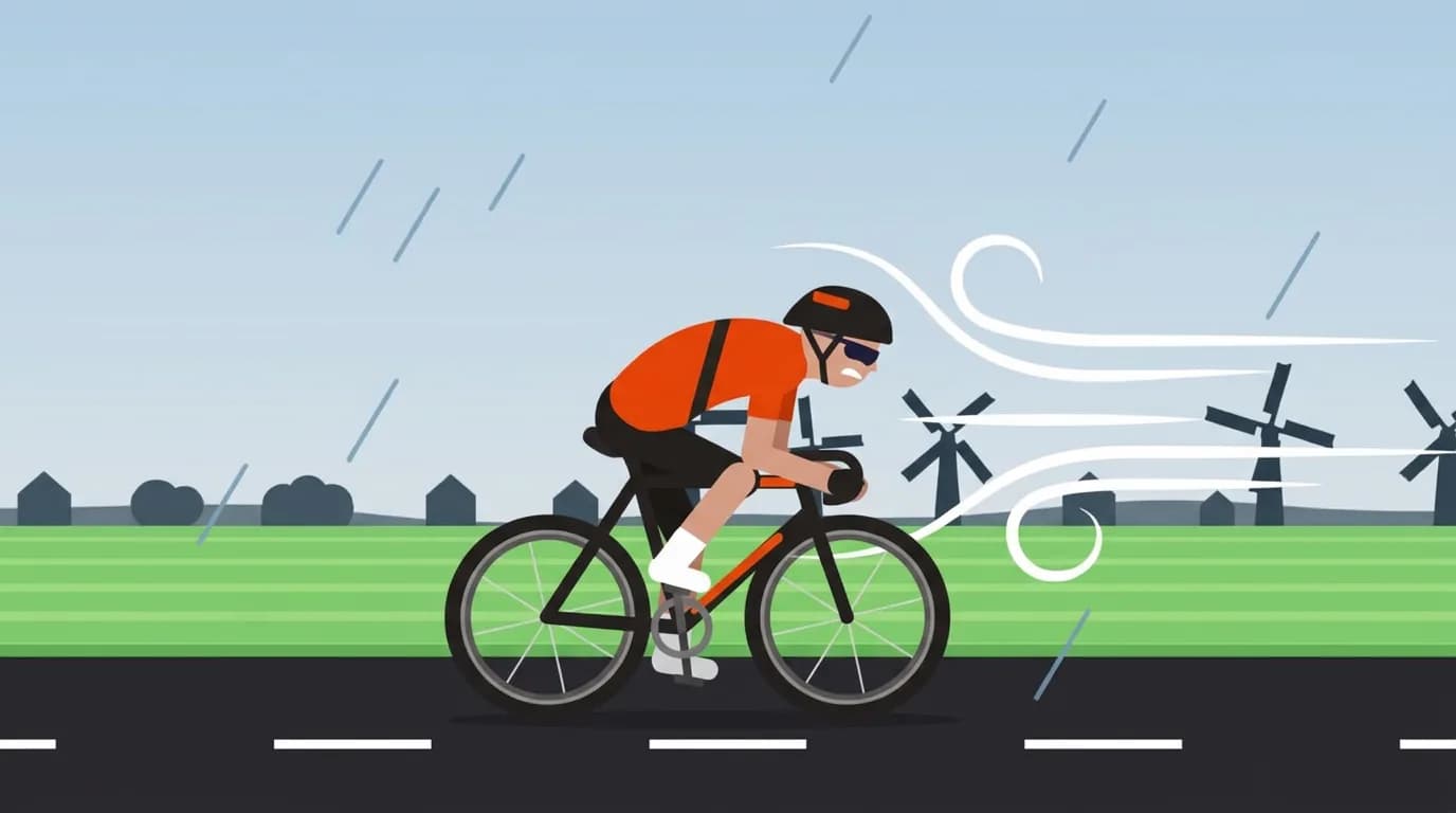 A cyclist hunched into a rainy headwind past Dutch windmills