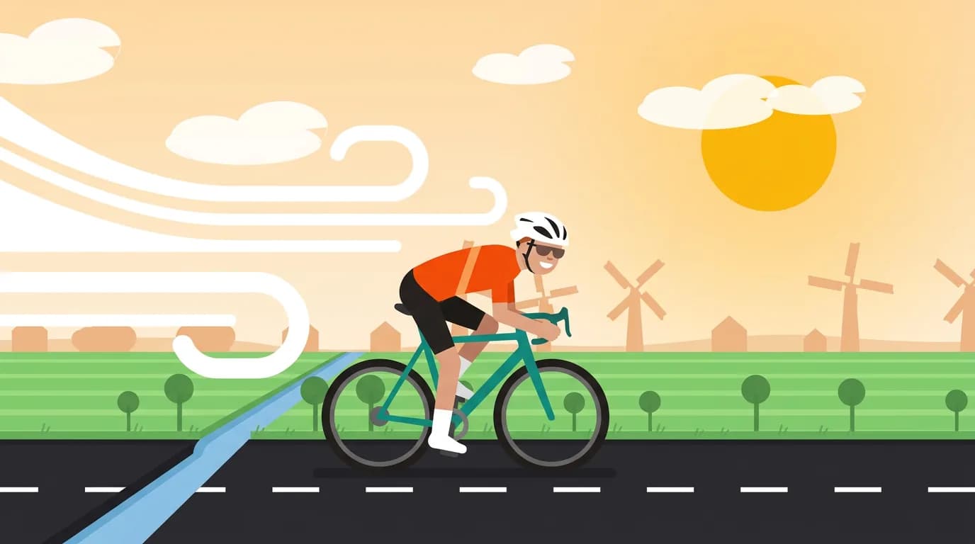 The same cyclist riding upright with the wind at their back on a sunny day