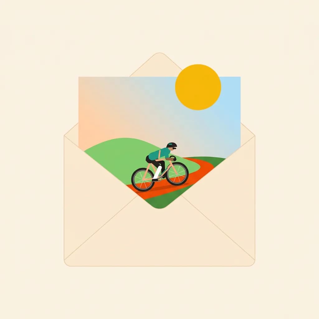 An envelope with a weather-scored route card flying out of it