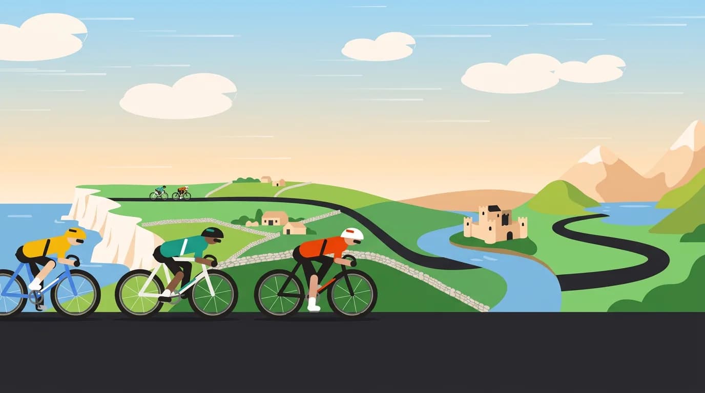 Three cyclists riding past white cliffs, a castle and a winding river path