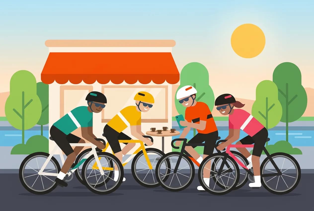 Four cyclists outside a café, looking at one phone to pick the group's route
