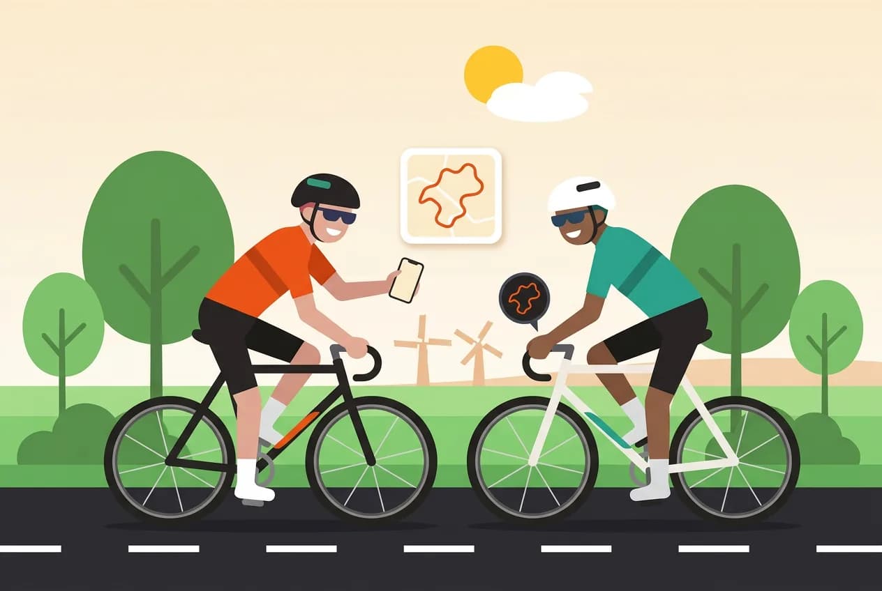 Two cyclists sharing a route on a phone, with the same route on a bike computer