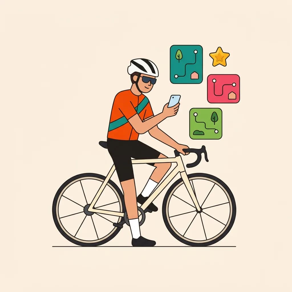 Cyclist checking their phone beside a stack of saved route cards