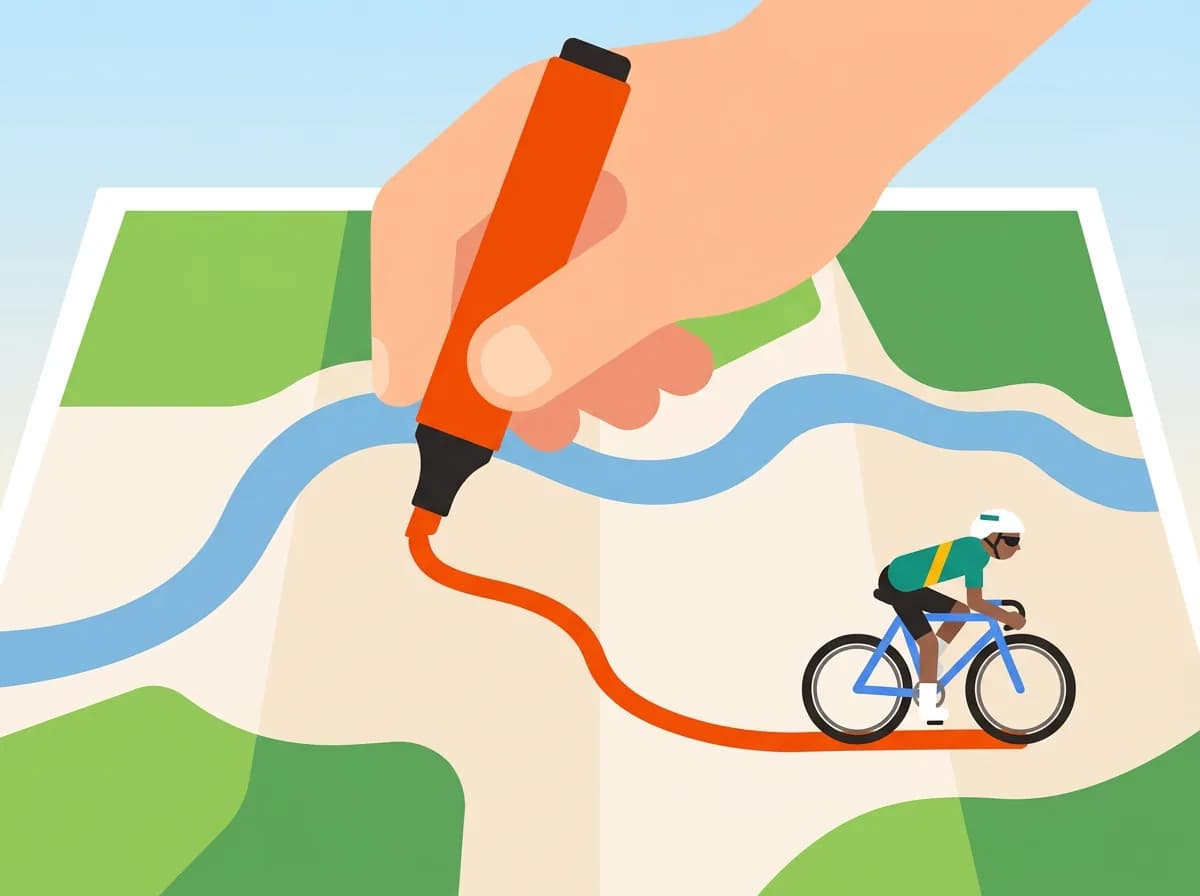 A hand drawing a route in orange marker across a map, with a cyclist riding along it