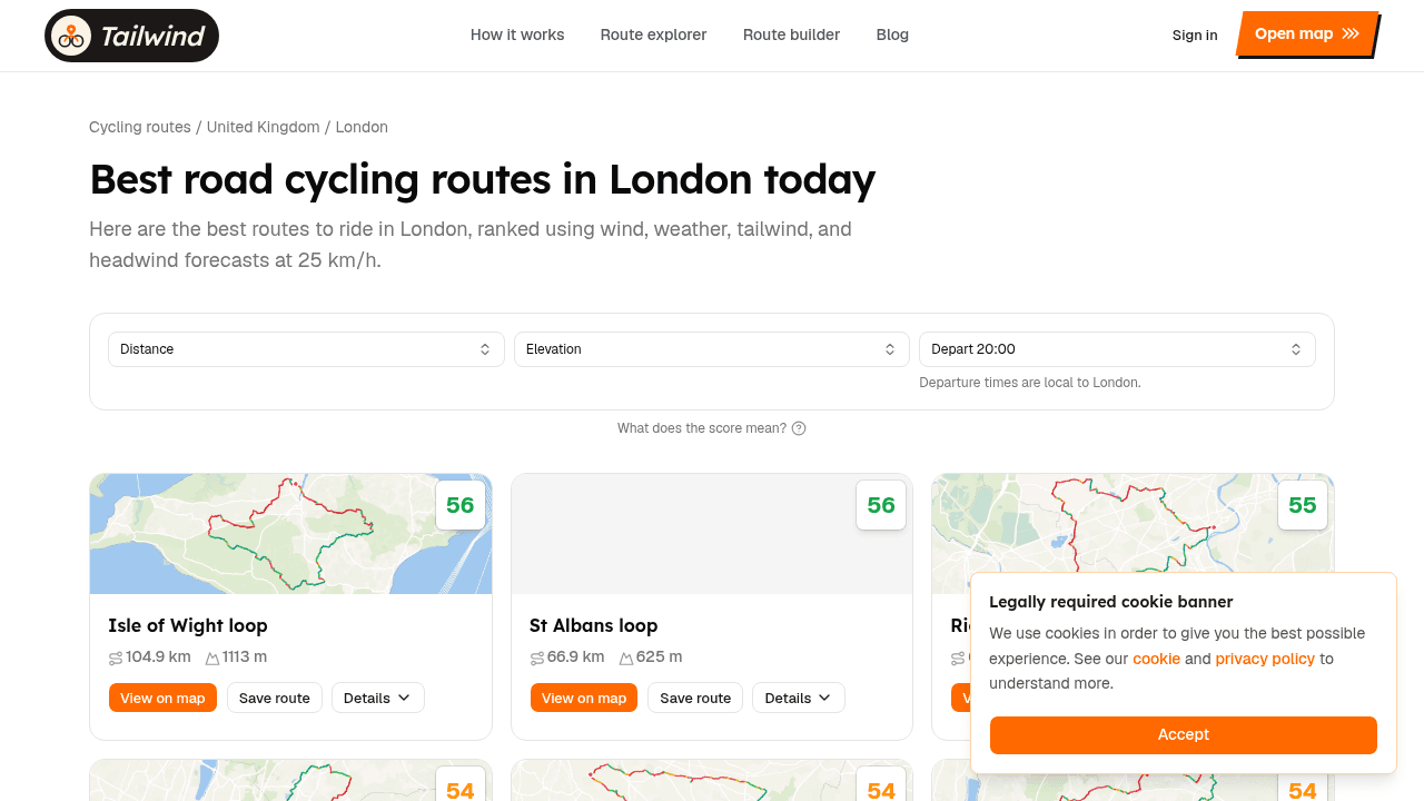 Tailwind GPS London cycling routes hub with curated loops
