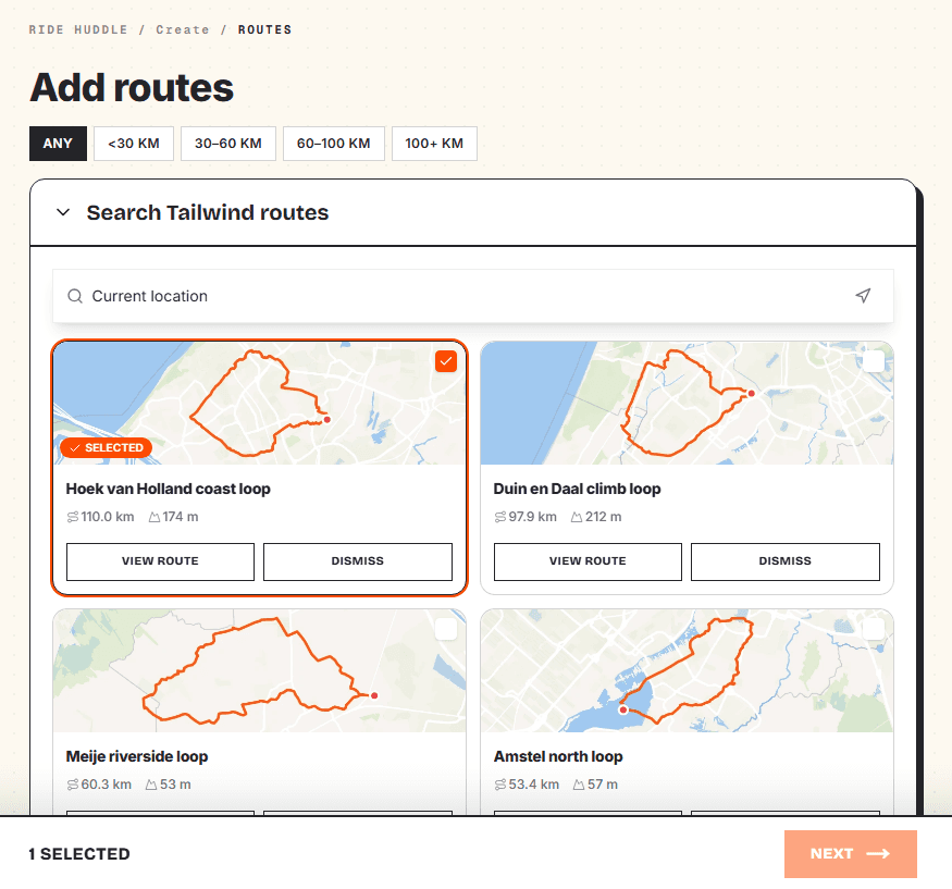 Route selection screen showing Tailwind library search and multiple route options