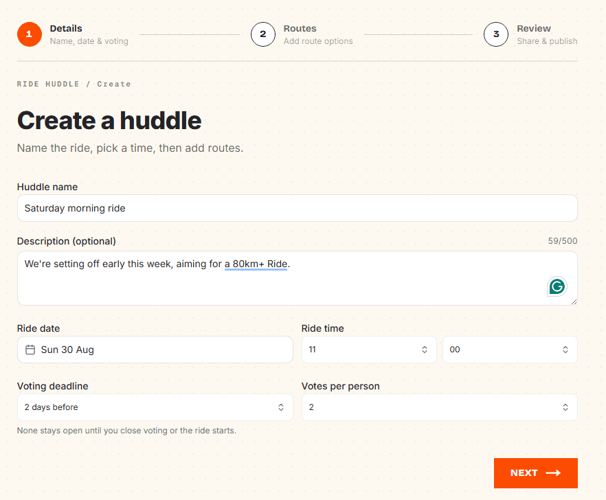 Create a Ride Huddle: ride name, date, time and voting deadline