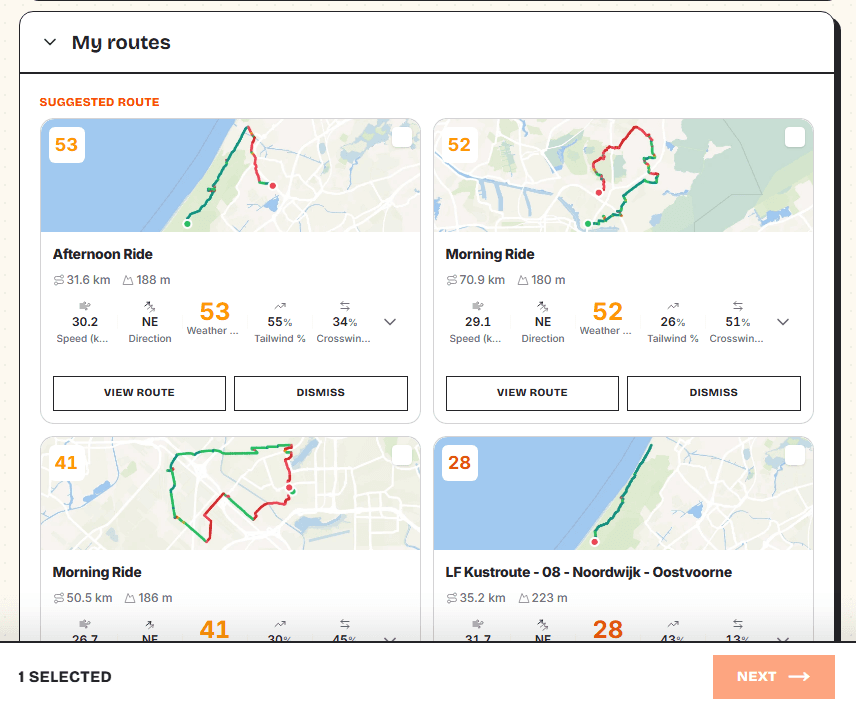 My routes picker with Tailwind Scores and saved rides