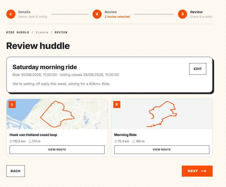 Huddle with two route options on the map, ready to compare and vote