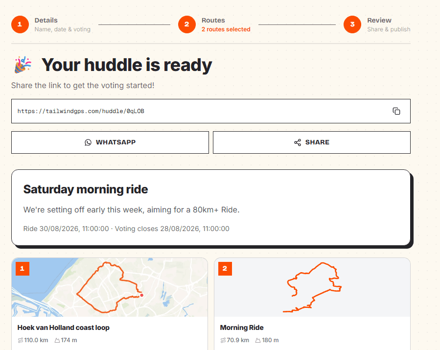 Shareable public Huddle with URL, WhatsApp share, and route options