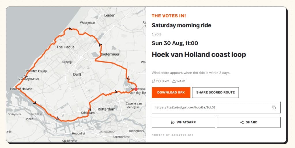 Completed Huddle showing the winning route, map and GPX download