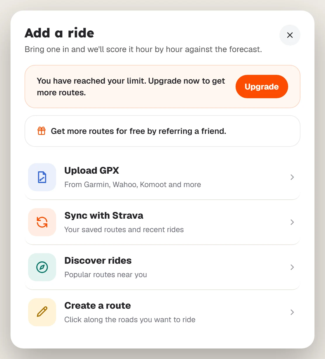 The Add a ride dialog showing the route limit message