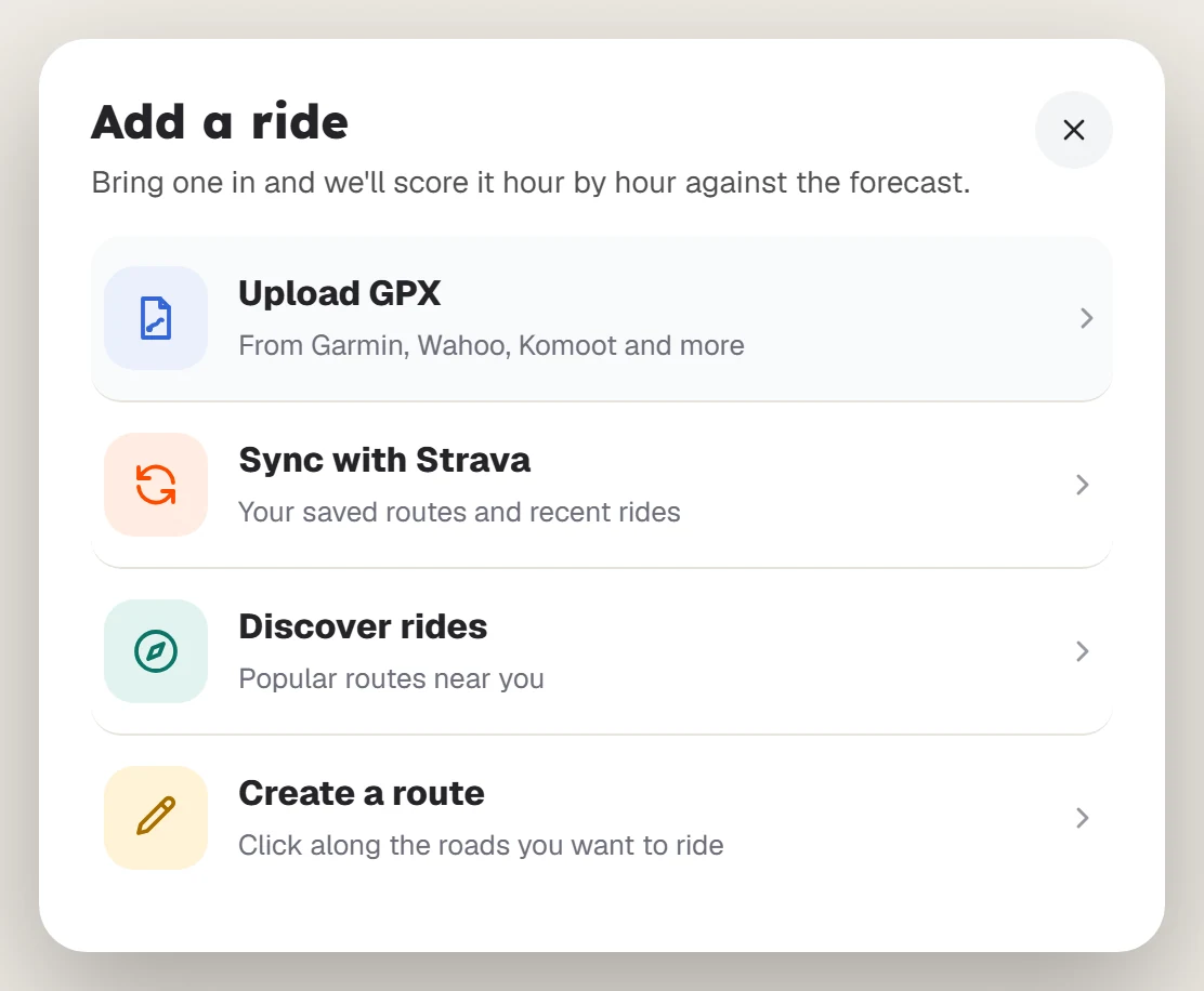The Add a ride dialog with four options