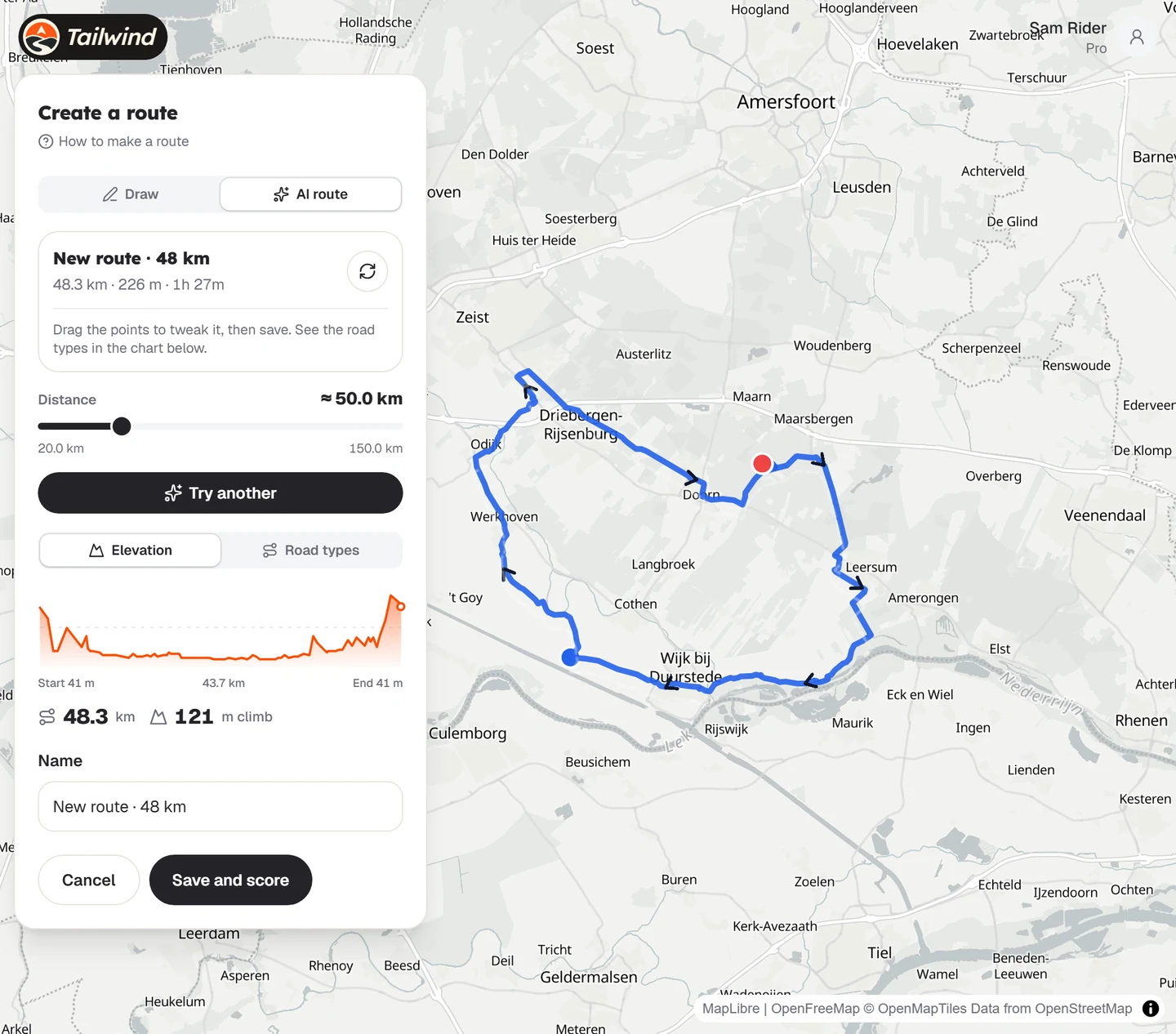 A generated route on the map with its distance and charts