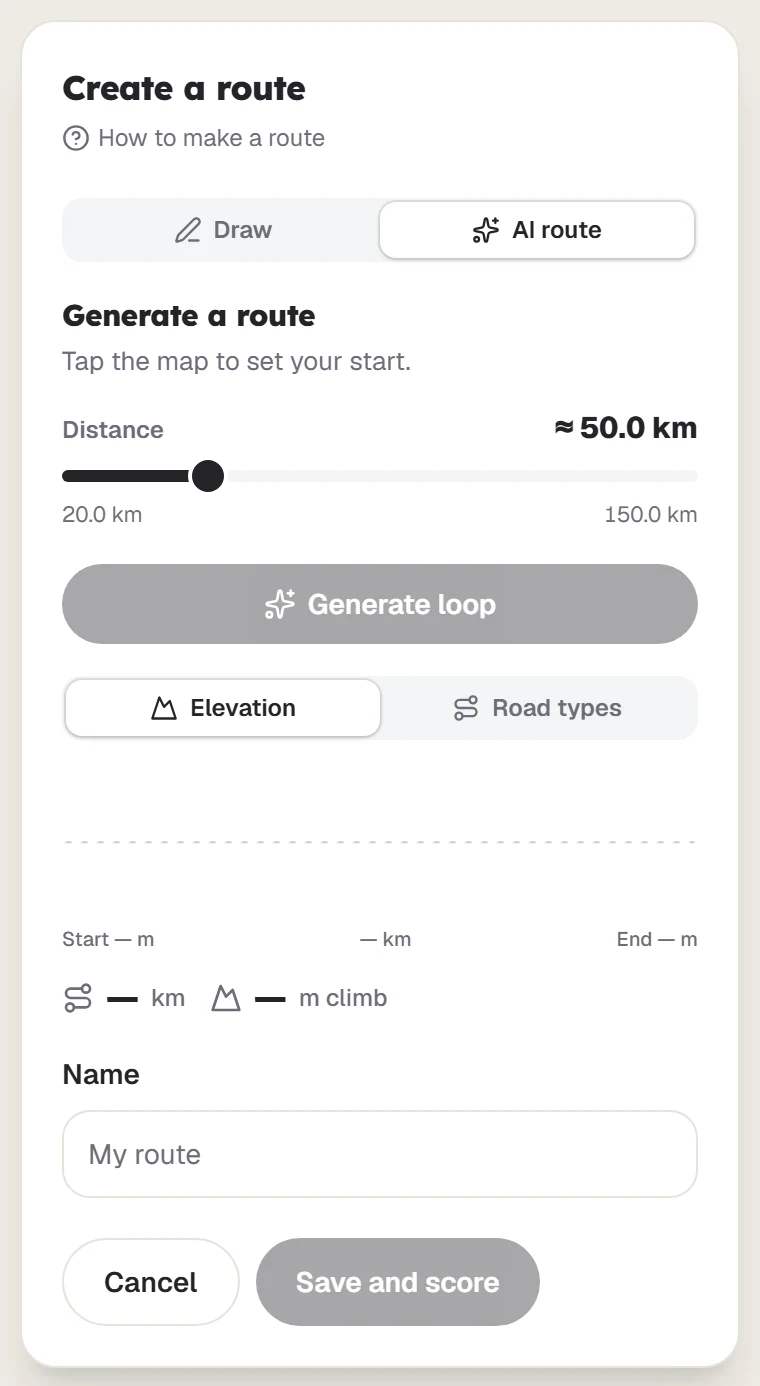 The Generate a route panel before a start is chosen