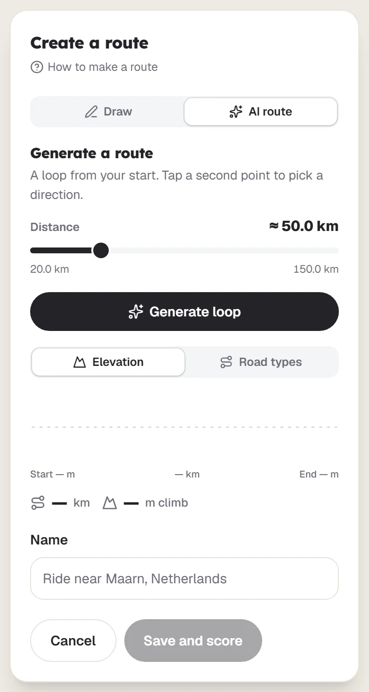 The panel with a start point set on the map