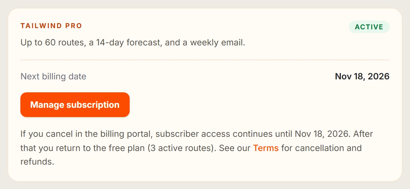 The Billing tab with a Manage subscription button