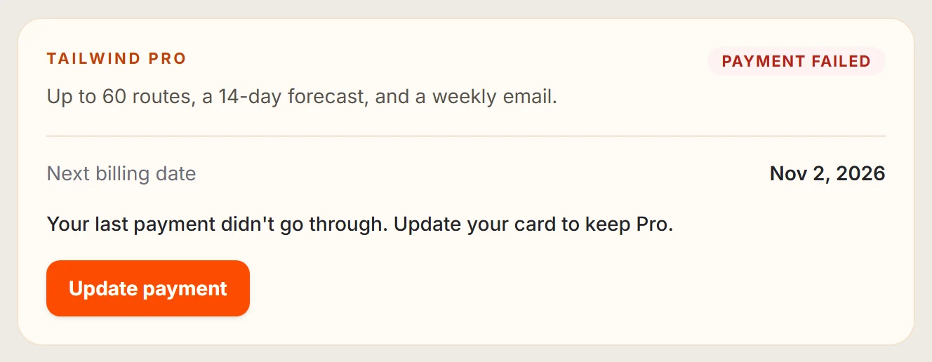 The Billing tab showing a failed payment and an Update payment button