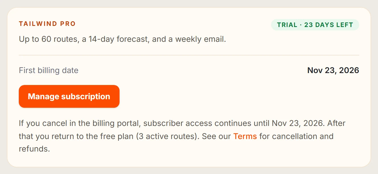 The Billing tab during a trial with a first billing date