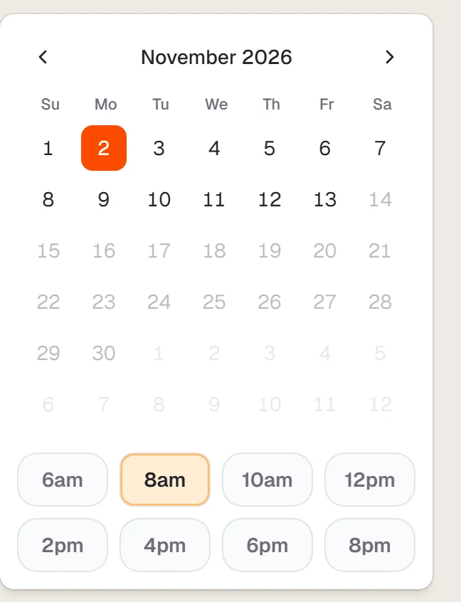 The departure chooser with a calendar and a list of hours