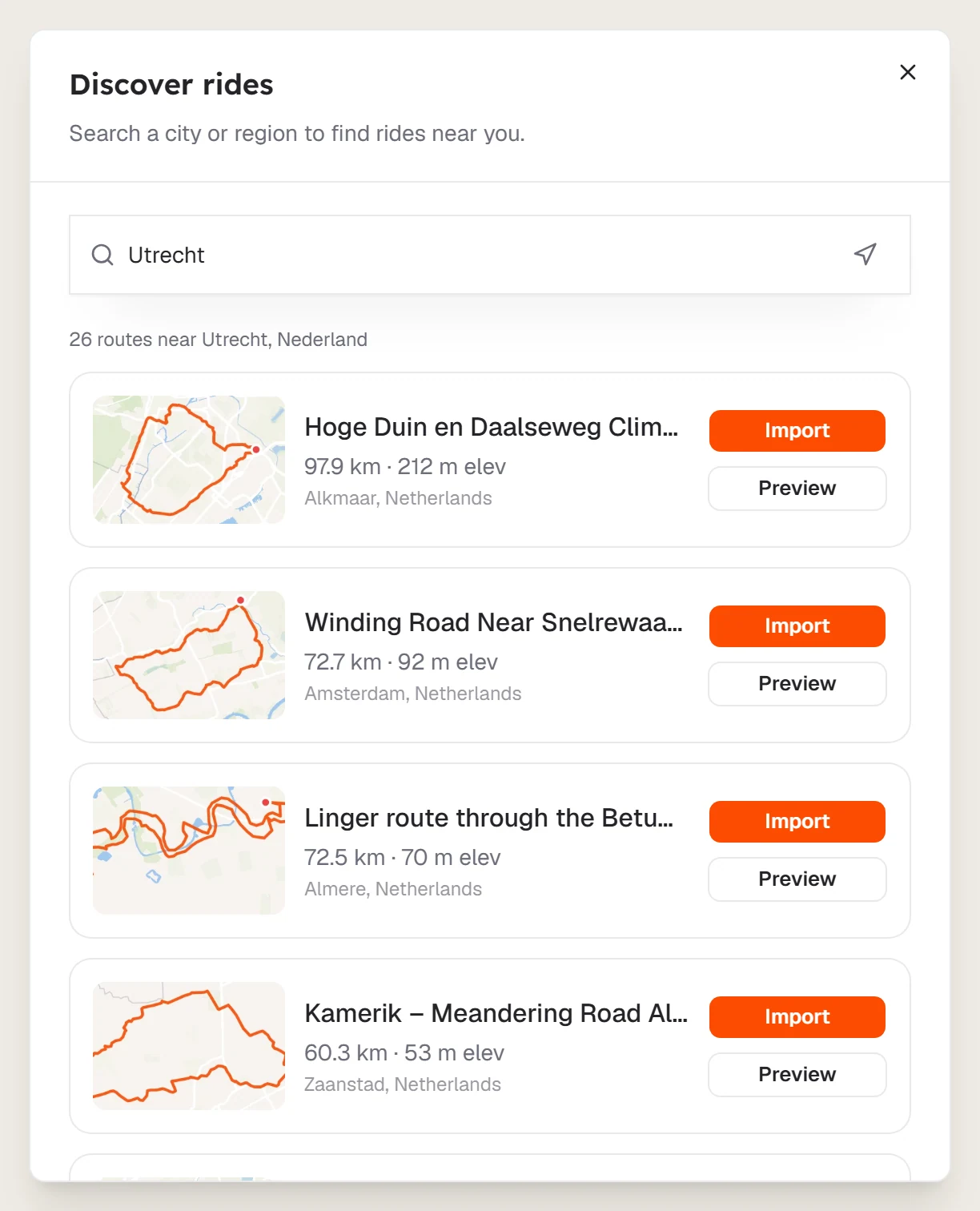 A list of routes near Utrecht with Import and Preview buttons
