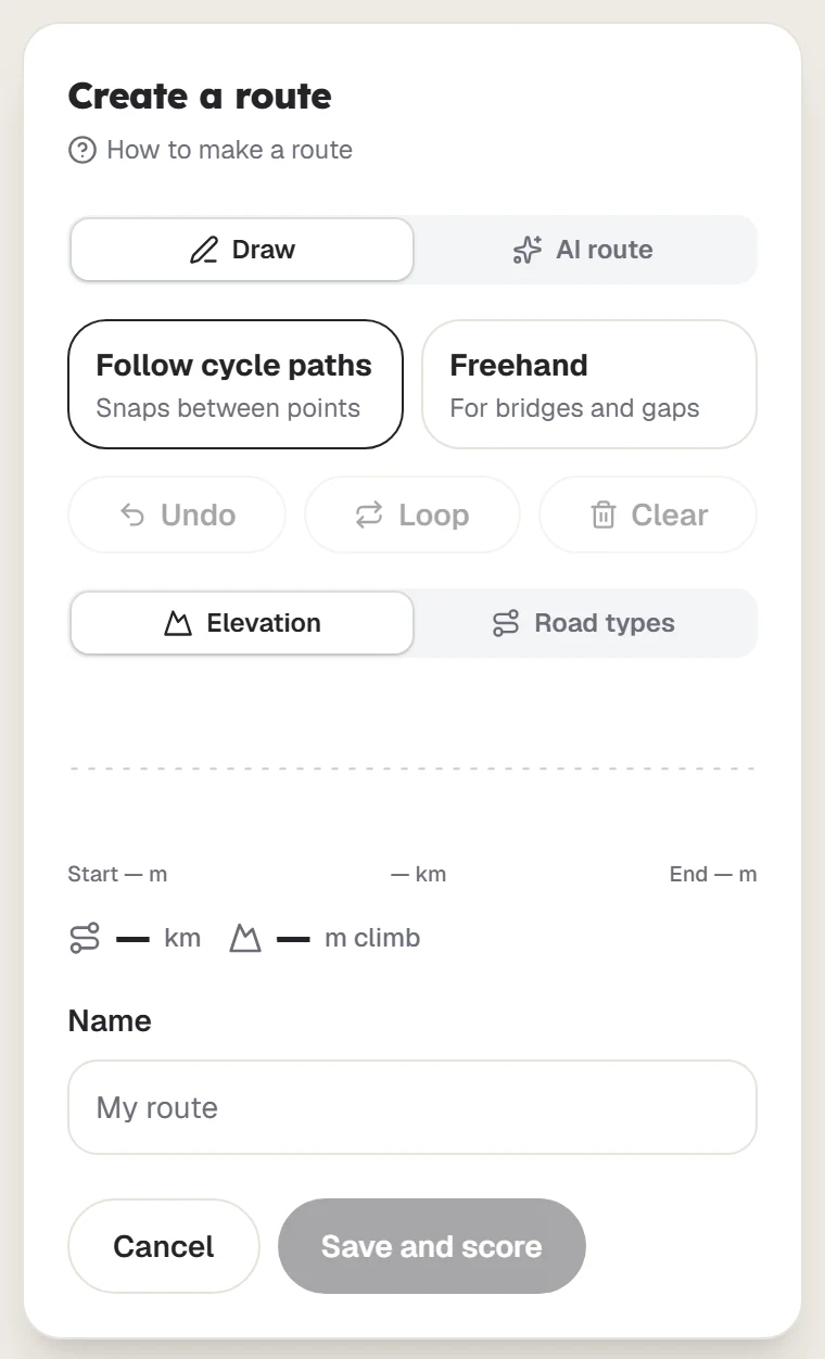 The empty Create a route panel on the Draw tab