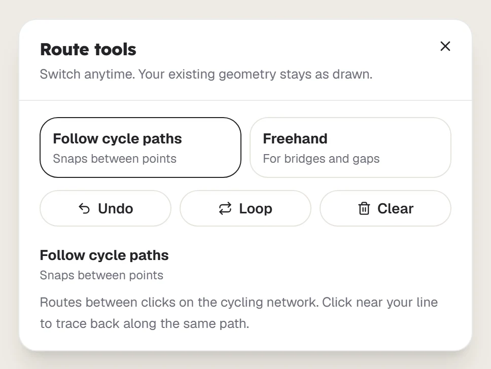 The Route tools help showing Follow cycle paths and Freehand