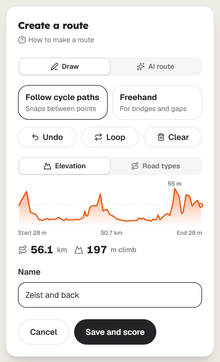 The name field and Save and score button in the route panel