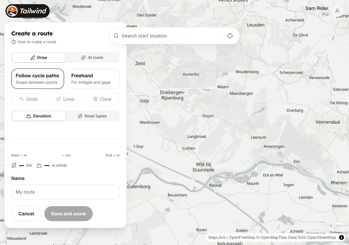Two points on the map joined by a route along the roads