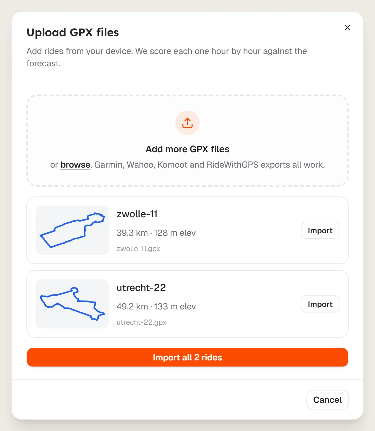 Queued GPX files ready to import
