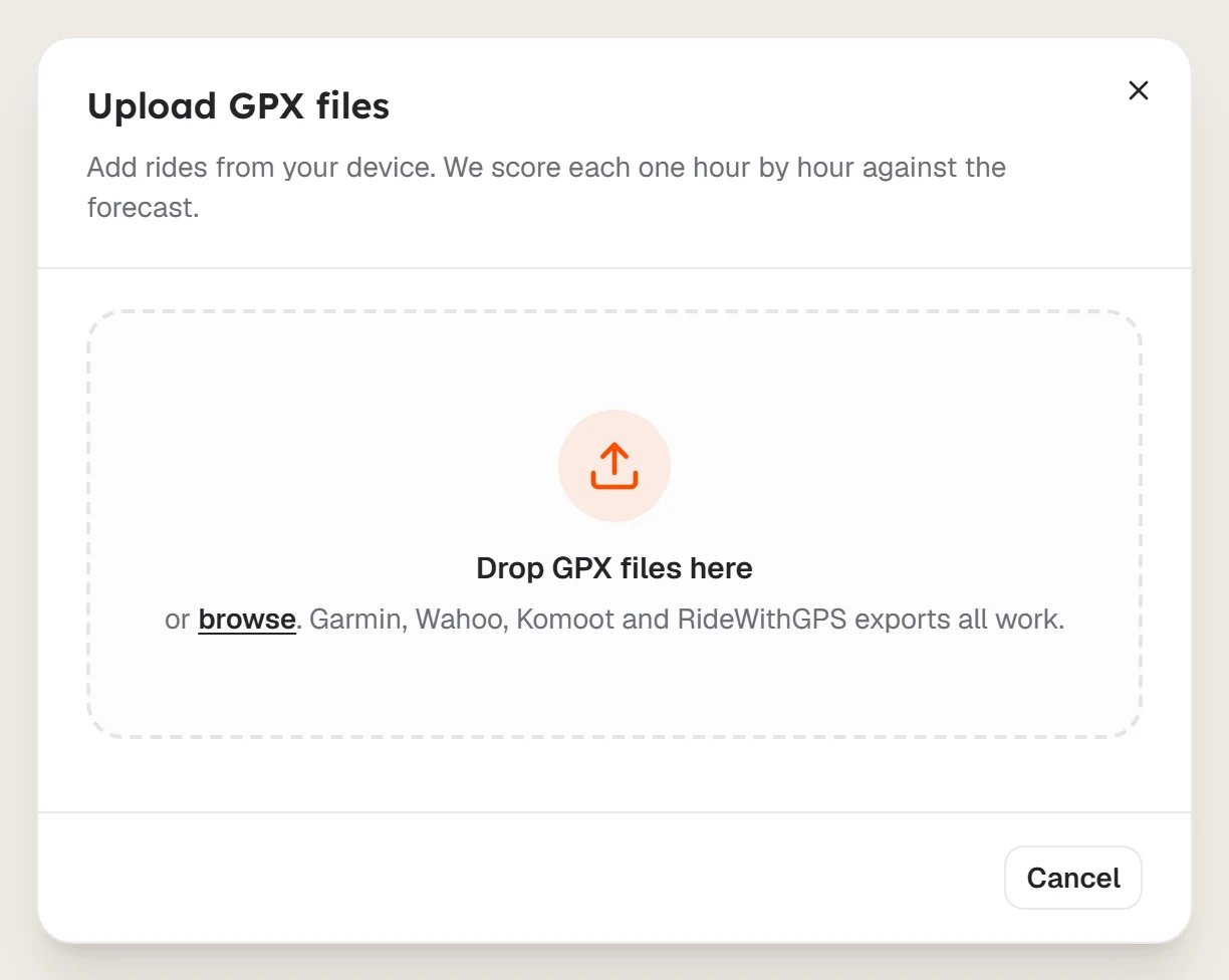 The Upload GPX files dialog with a drop zone