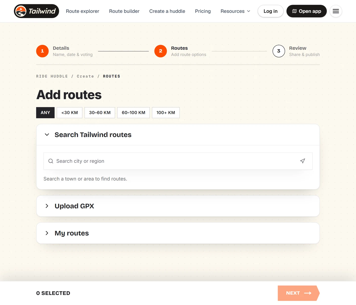 The Add routes step with search, upload and my routes sections