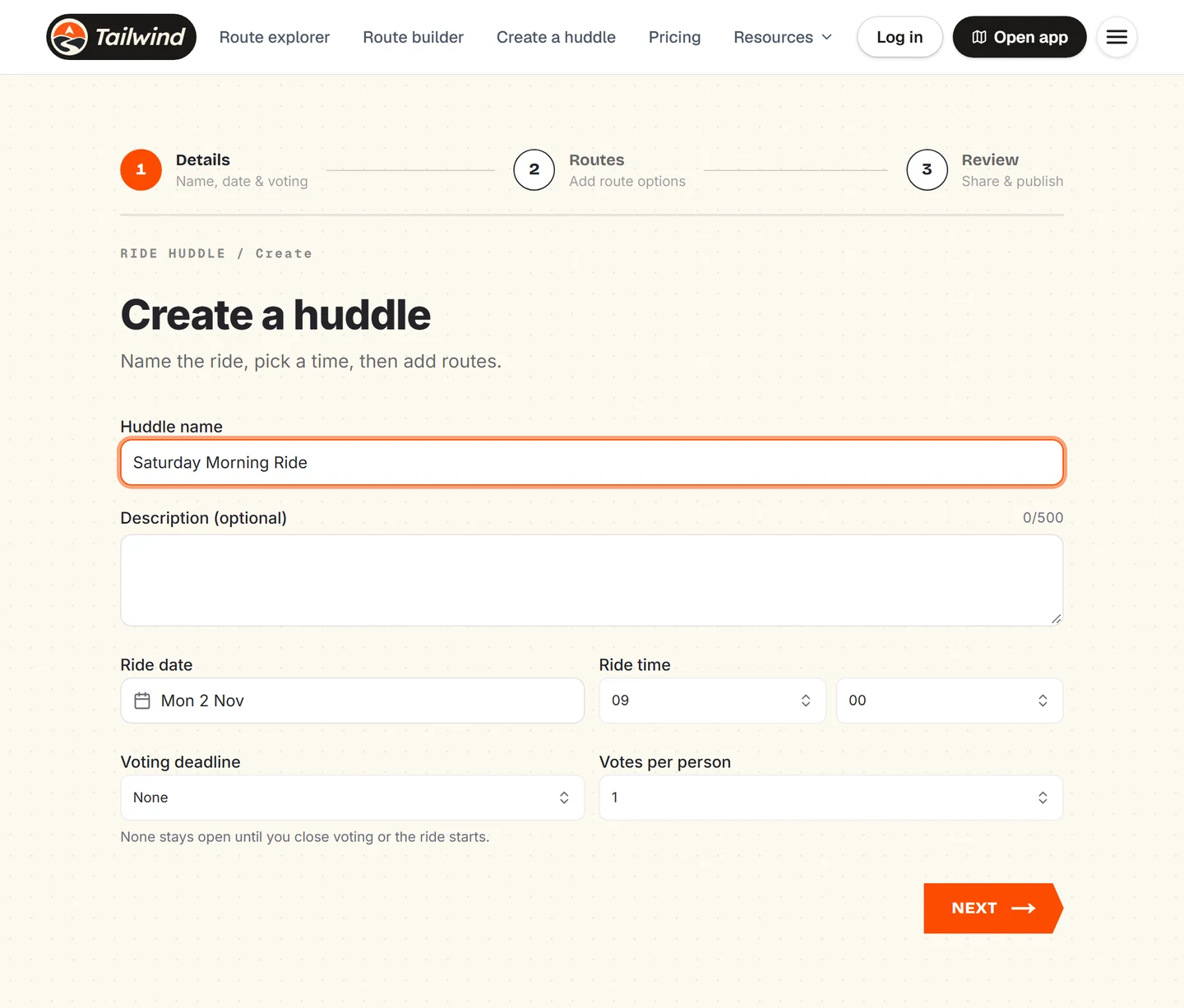 The huddle details step with name, date, time and voting options
