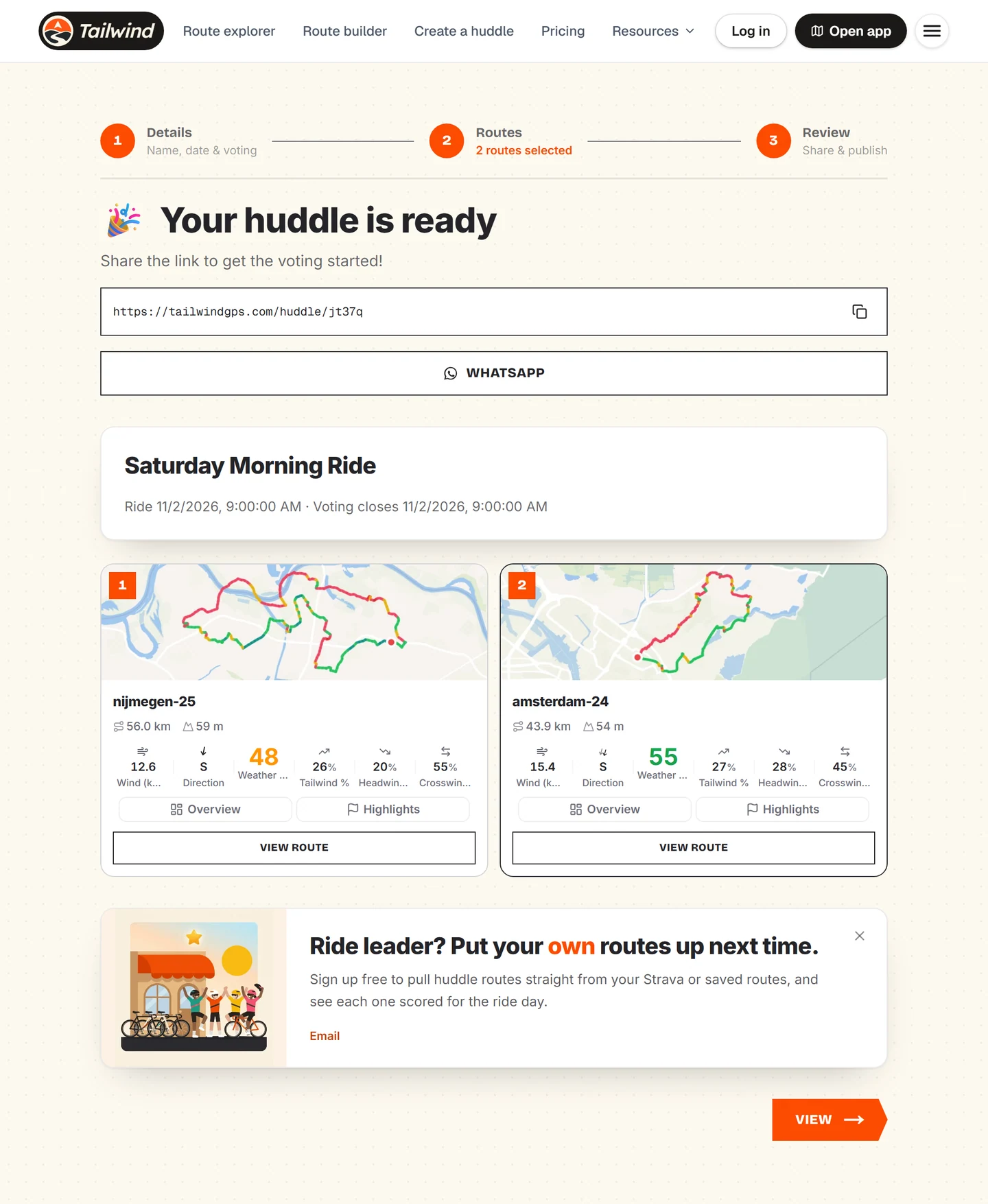The Your huddle is ready screen with a share link