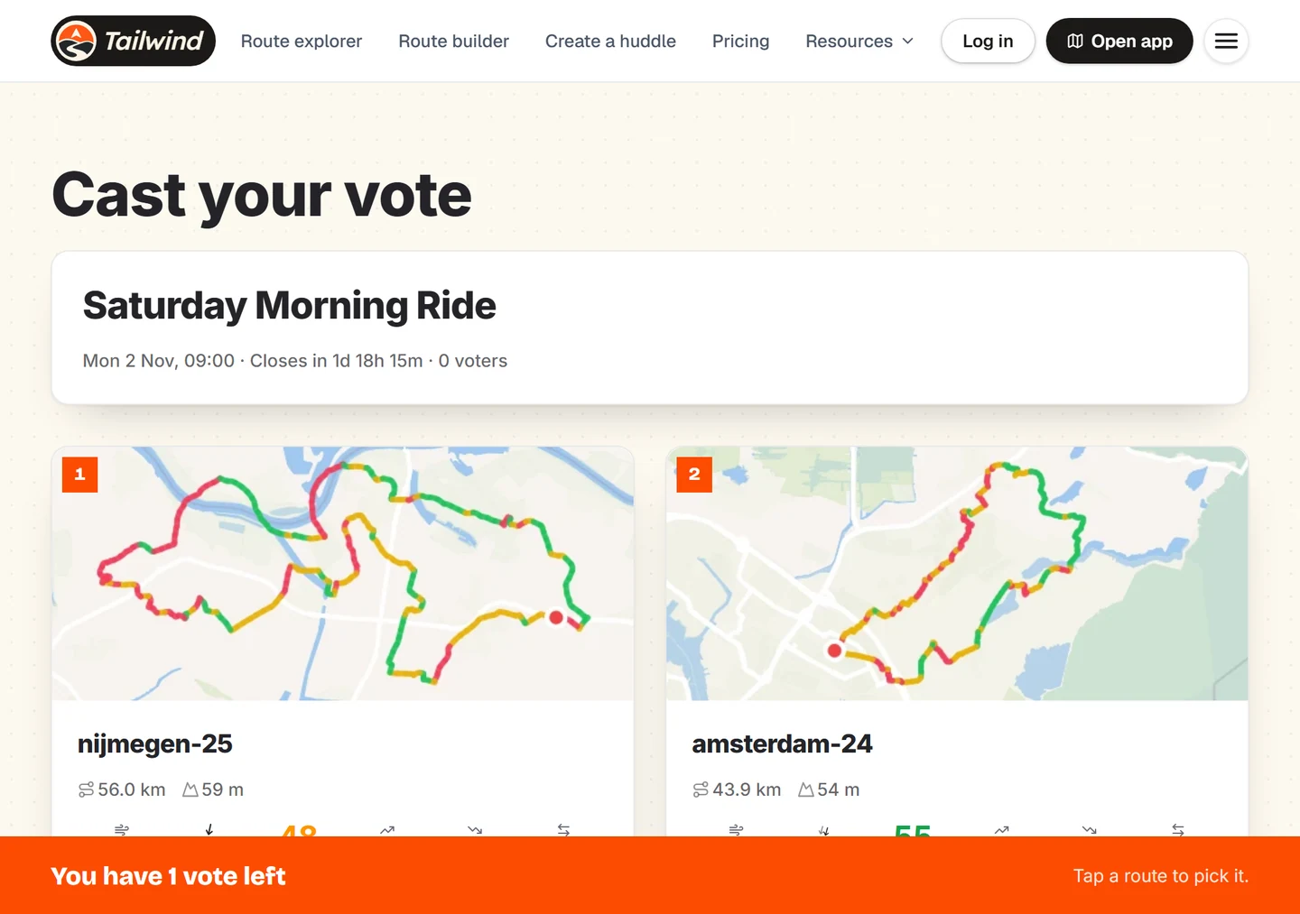 The Cast your vote screen with two route cards