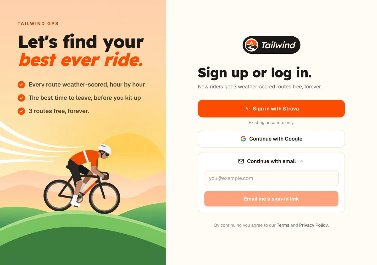 The Tailwind sign-up page with Google and email options
