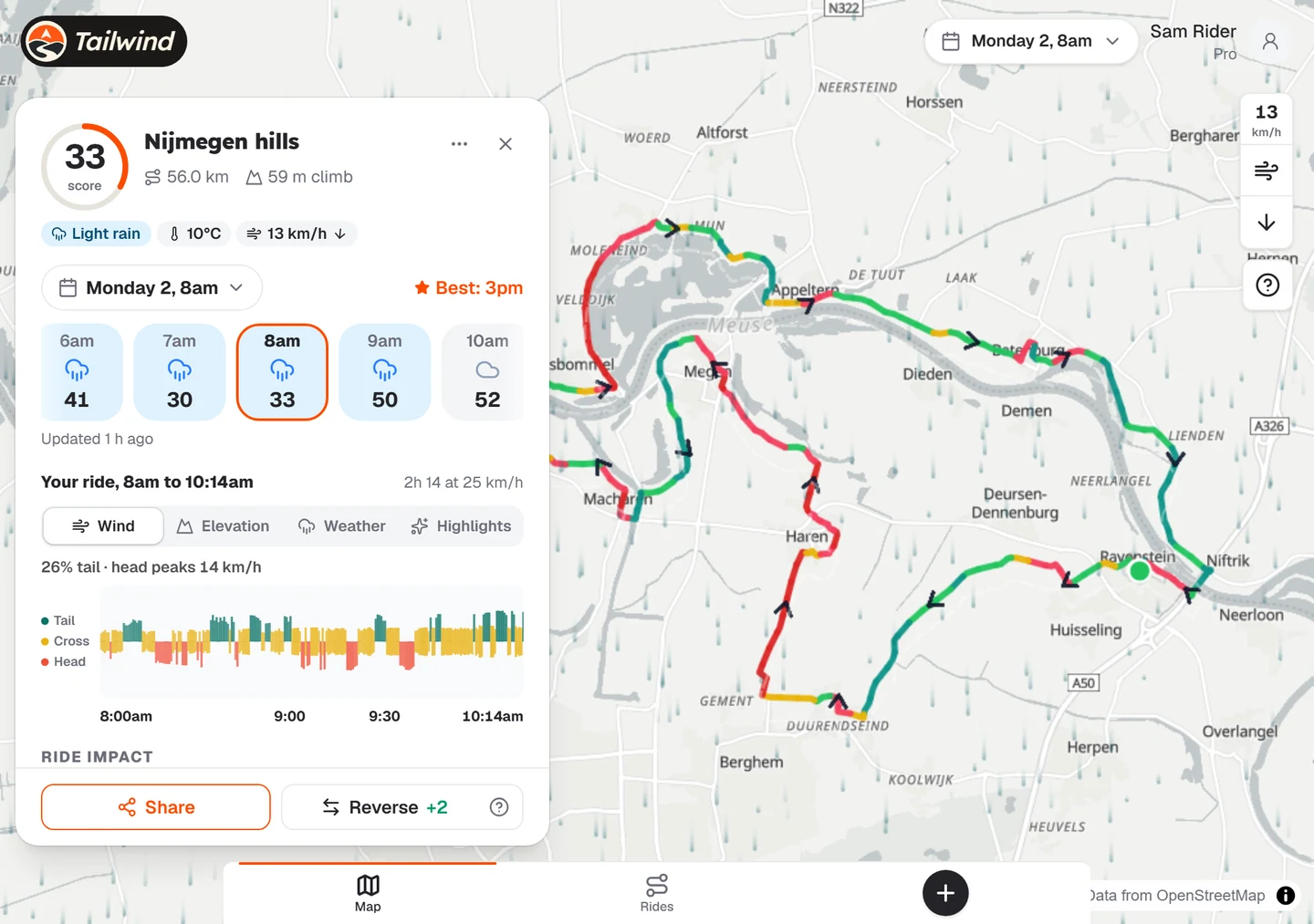 The Tailwind map with a scored route coloured by the wind