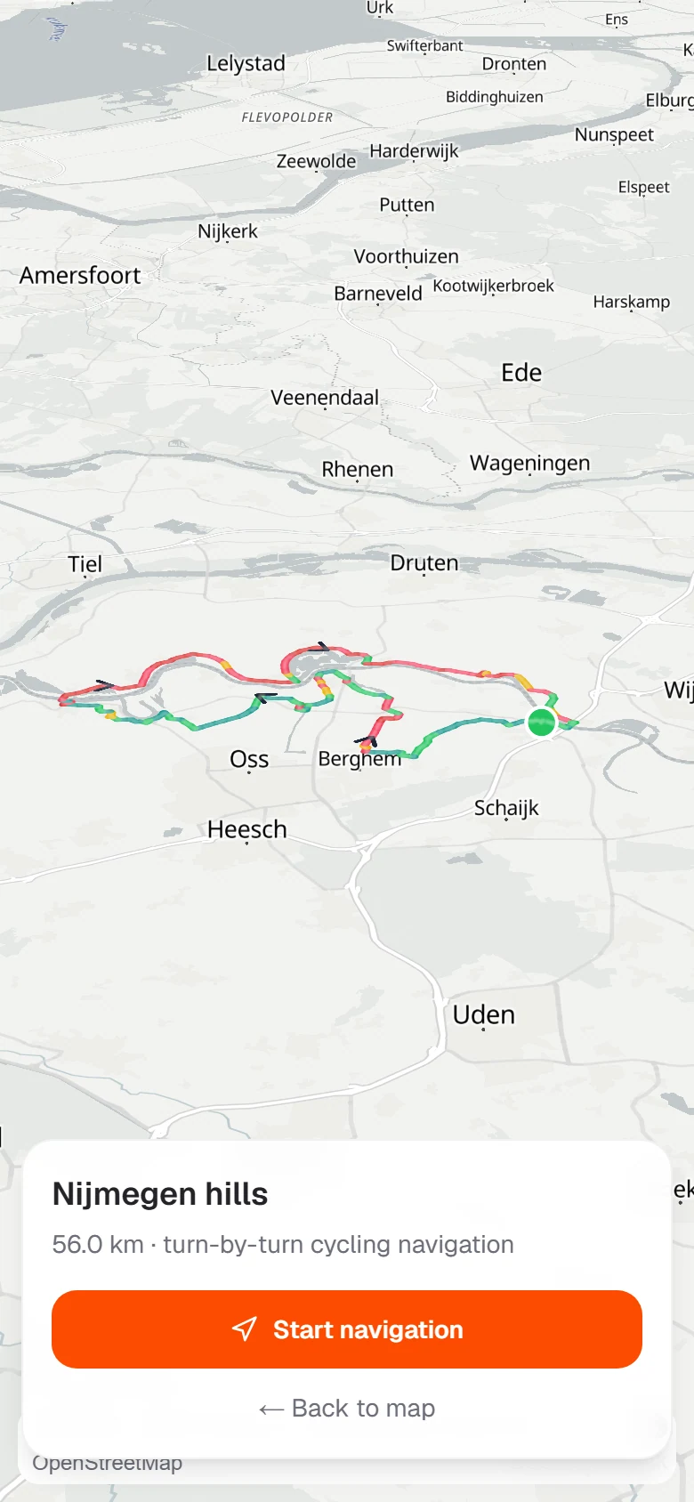 The navigation start card with distance and a Start navigation button