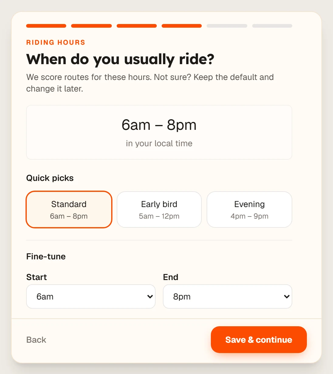 The When do you usually ride screen with presets
