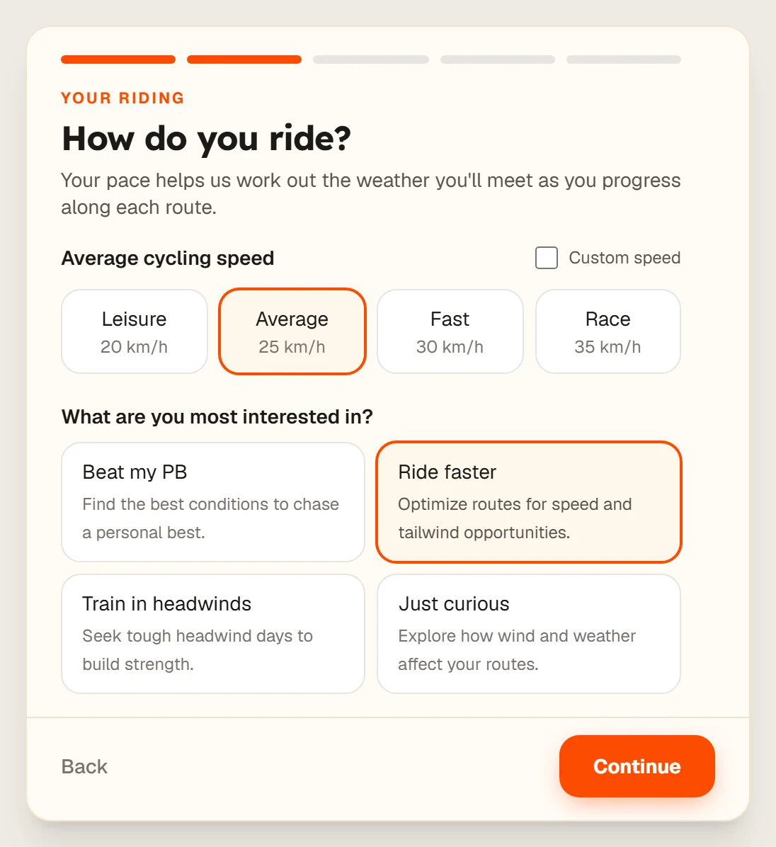 The How do you ride screen with four speed options