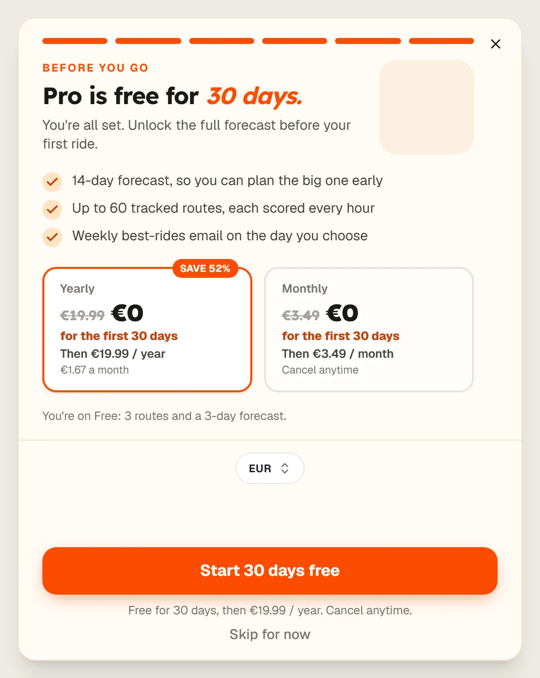 The screen offering 30 days of Pro free