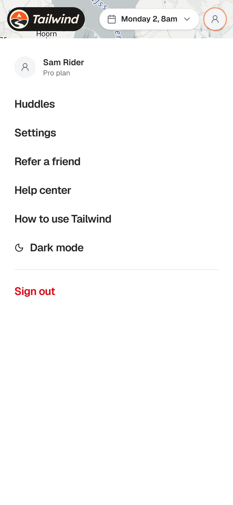 The account menu on a phone