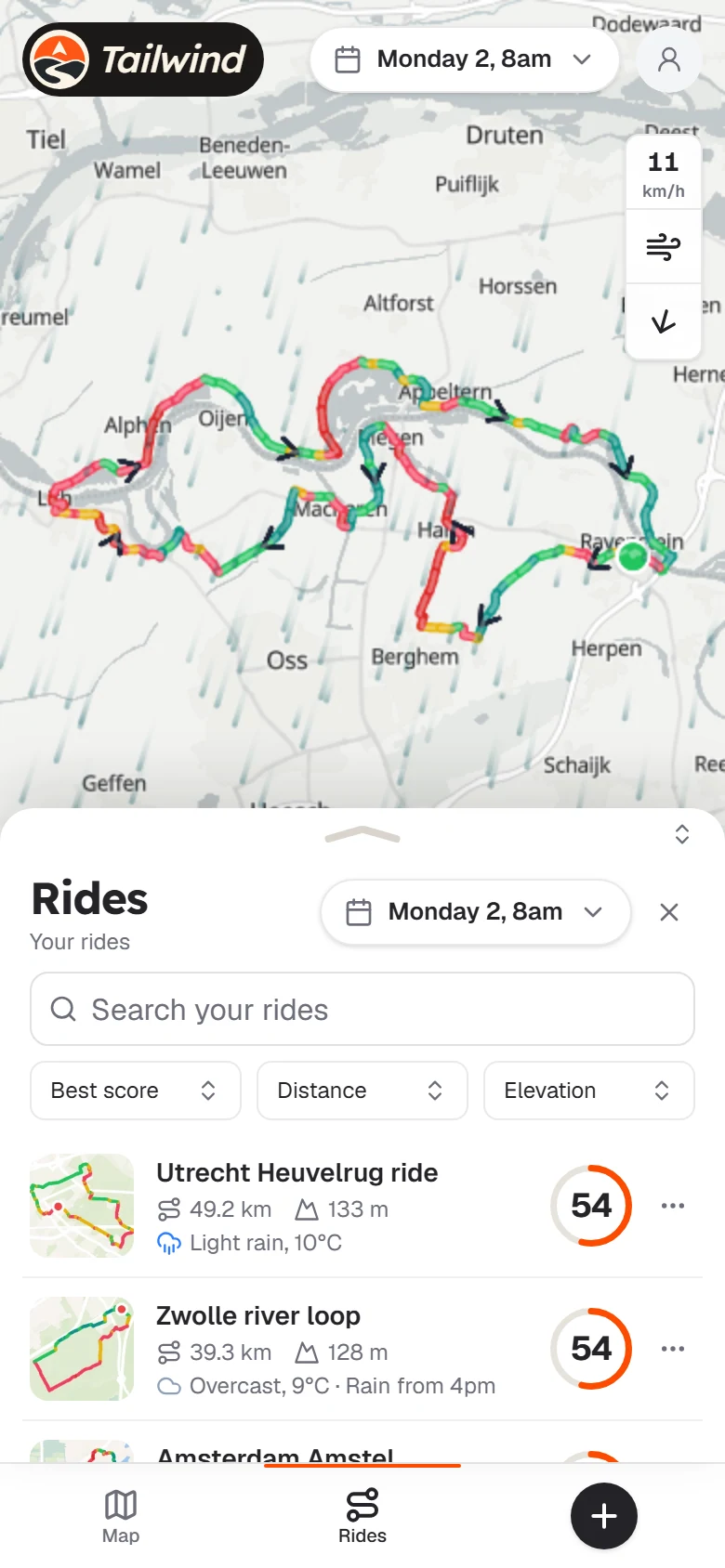 The list of rides on a phone