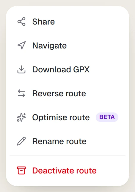 The route actions menu on an open ride