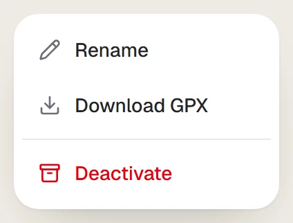 The row menu with Rename, Download GPX and Deactivate