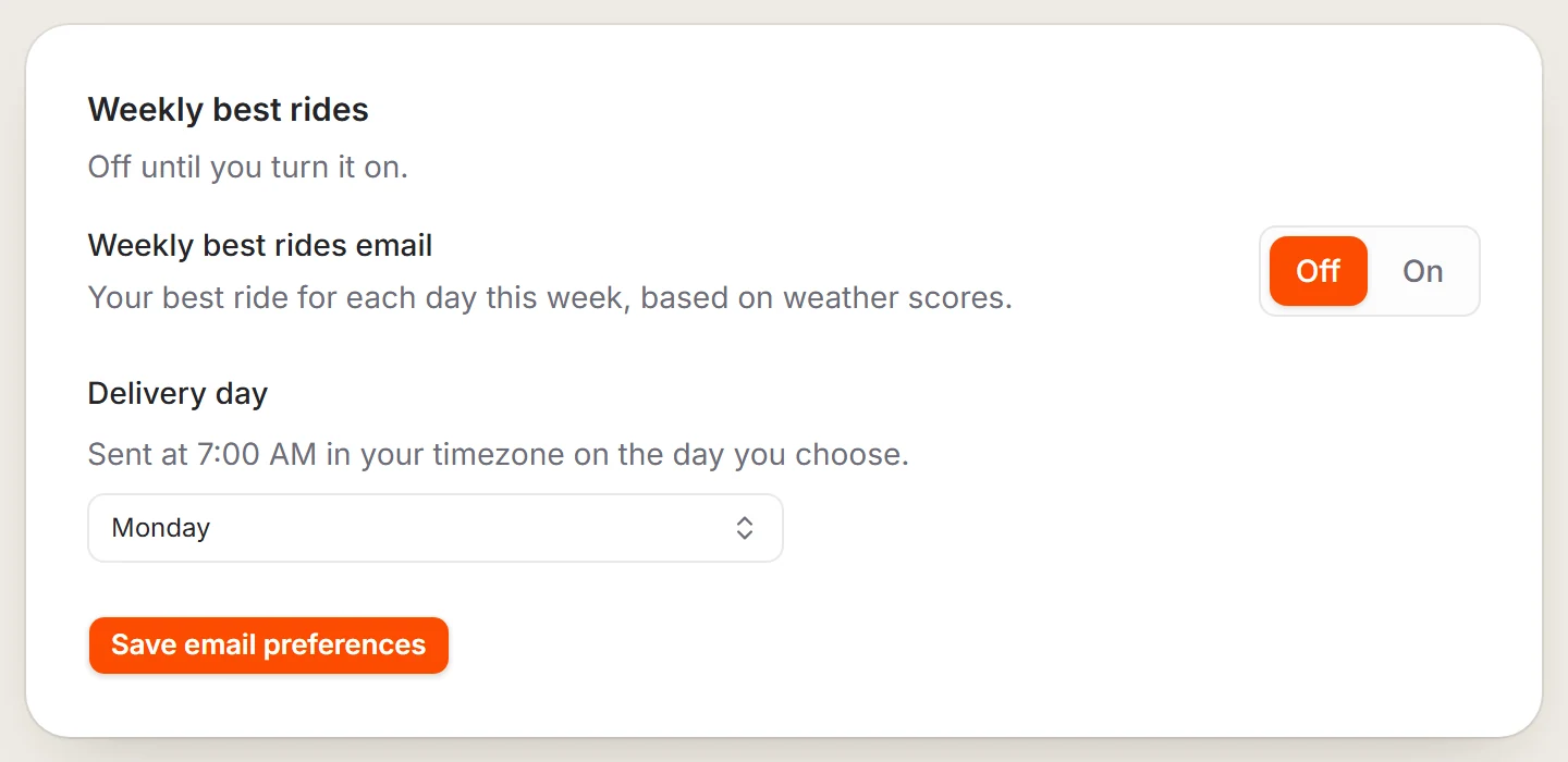 The Notifications tab with weekly best rides settings